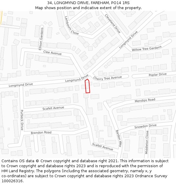 34, LONGMYND DRIVE, FAREHAM, PO14 1RS: Location map and indicative extent of plot