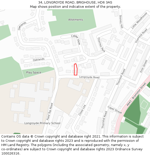 34, LONGROYDE ROAD, BRIGHOUSE, HD6 3AS: Location map and indicative extent of plot