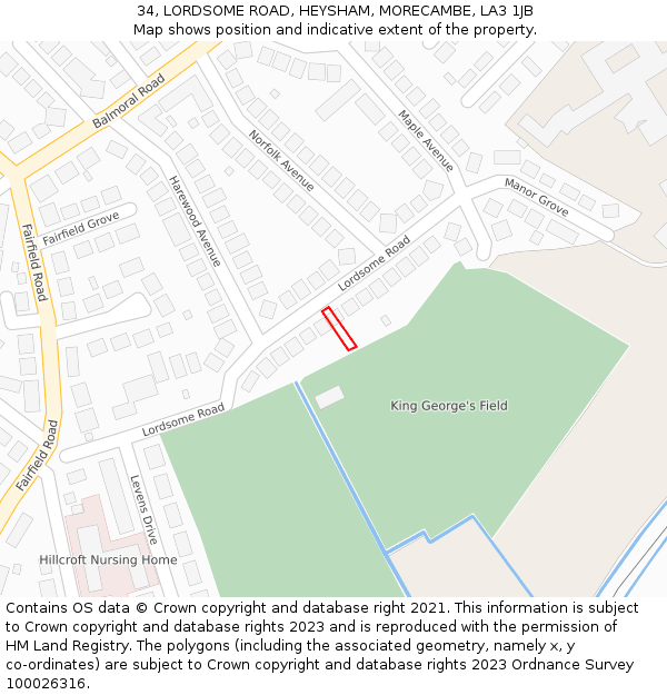 34, LORDSOME ROAD, HEYSHAM, MORECAMBE, LA3 1JB: Location map and indicative extent of plot