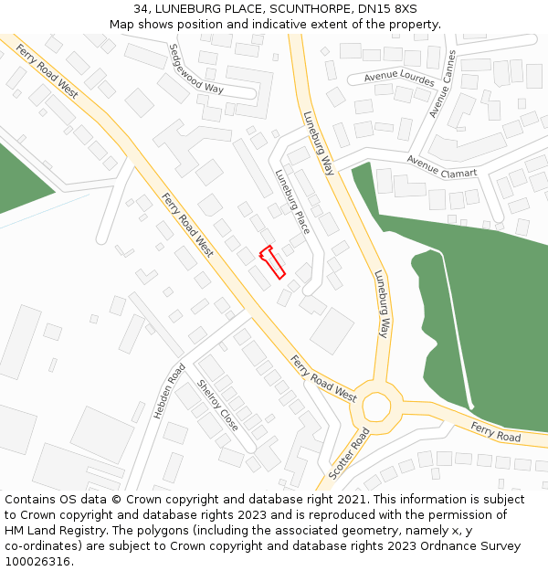 34, LUNEBURG PLACE, SCUNTHORPE, DN15 8XS: Location map and indicative extent of plot