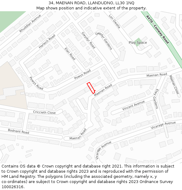 34, MAENAN ROAD, LLANDUDNO, LL30 1NQ: Location map and indicative extent of plot