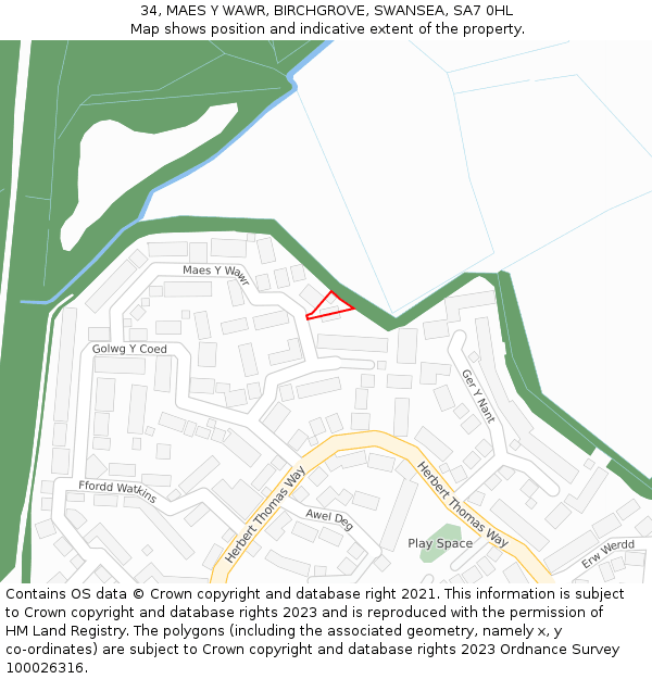 34, MAES Y WAWR, BIRCHGROVE, SWANSEA, SA7 0HL: Location map and indicative extent of plot