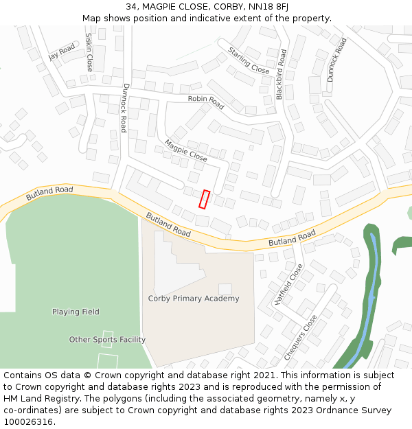 34, MAGPIE CLOSE, CORBY, NN18 8FJ: Location map and indicative extent of plot