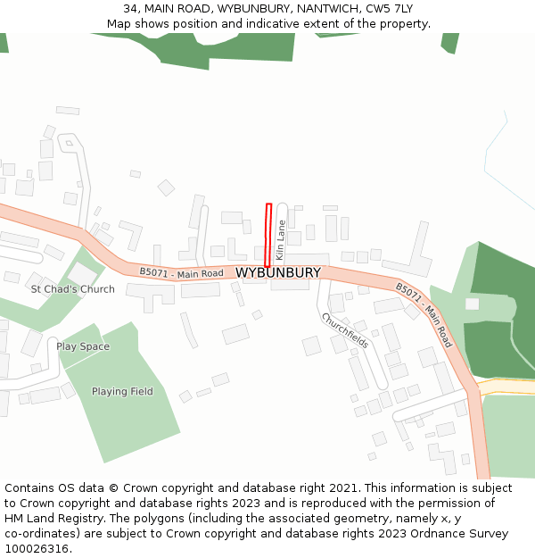 34, MAIN ROAD, WYBUNBURY, NANTWICH, CW5 7LY: Location map and indicative extent of plot