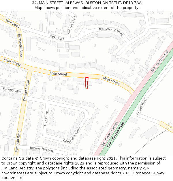 34, MAIN STREET, ALREWAS, BURTON-ON-TRENT, DE13 7AA: Location map and indicative extent of plot