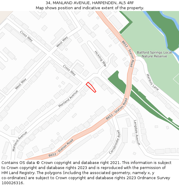 34, MANLAND AVENUE, HARPENDEN, AL5 4RF: Location map and indicative extent of plot