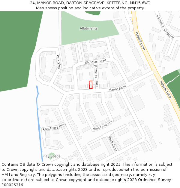 34, MANOR ROAD, BARTON SEAGRAVE, KETTERING, NN15 6WD: Location map and indicative extent of plot