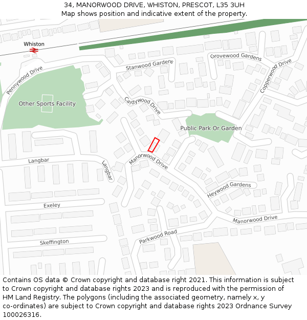 34, MANORWOOD DRIVE, WHISTON, PRESCOT, L35 3UH: Location map and indicative extent of plot