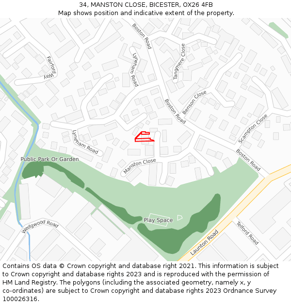 34, MANSTON CLOSE, BICESTER, OX26 4FB: Location map and indicative extent of plot