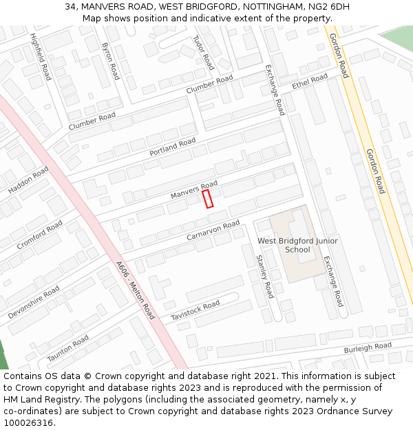 34, MANVERS ROAD, WEST BRIDGFORD, NOTTINGHAM, NG2 6DH: Location map and indicative extent of plot