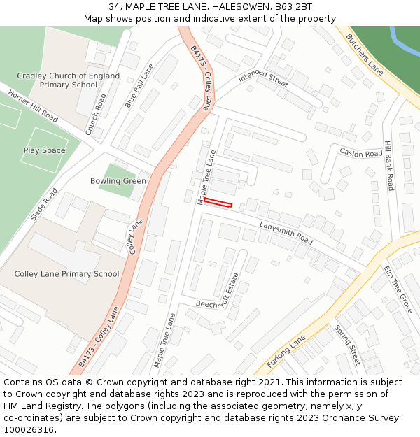 34, MAPLE TREE LANE, HALESOWEN, B63 2BT: Location map and indicative extent of plot