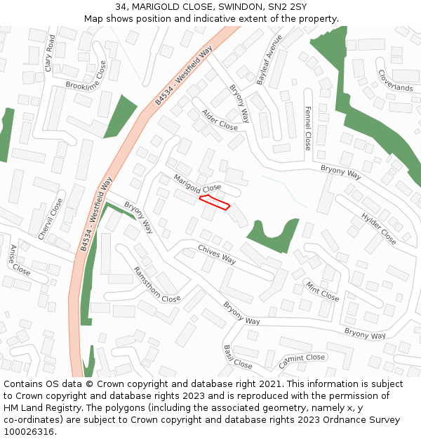 34, MARIGOLD CLOSE, SWINDON, SN2 2SY: Location map and indicative extent of plot