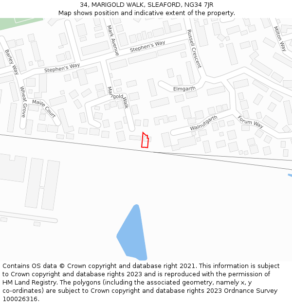 34, MARIGOLD WALK, SLEAFORD, NG34 7JR: Location map and indicative extent of plot