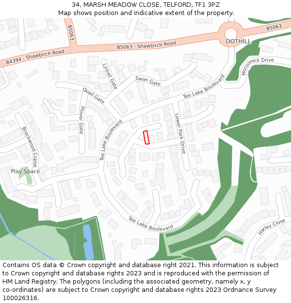 34, MARSH MEADOW CLOSE, TELFORD, TF1 3PZ: Location map and indicative extent of plot