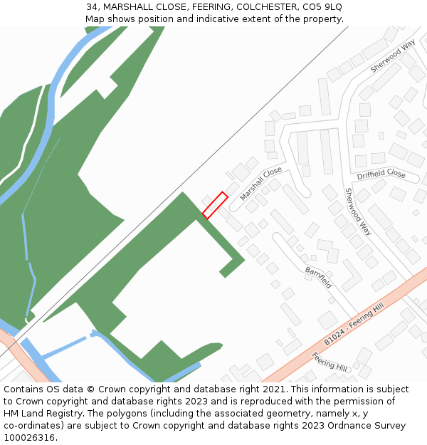 34, MARSHALL CLOSE, FEERING, COLCHESTER, CO5 9LQ: Location map and indicative extent of plot