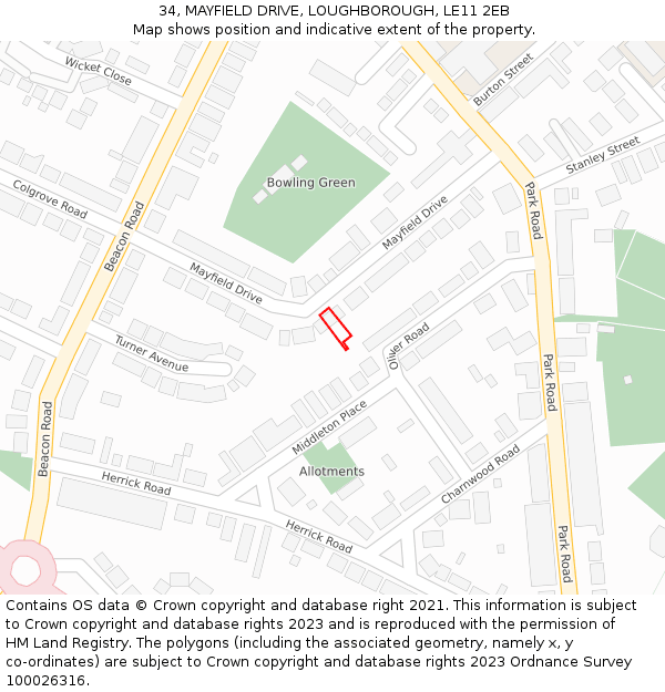 34, MAYFIELD DRIVE, LOUGHBOROUGH, LE11 2EB: Location map and indicative extent of plot