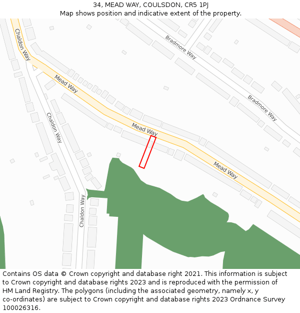 34, MEAD WAY, COULSDON, CR5 1PJ: Location map and indicative extent of plot