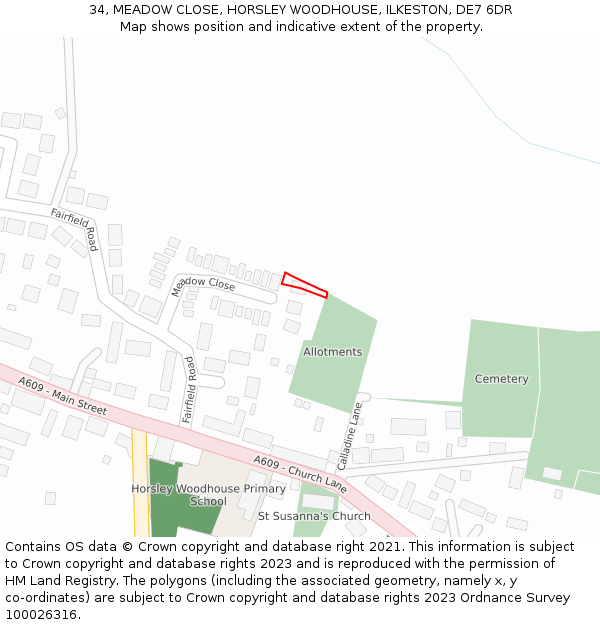 34, MEADOW CLOSE, HORSLEY WOODHOUSE, ILKESTON, DE7 6DR: Location map and indicative extent of plot