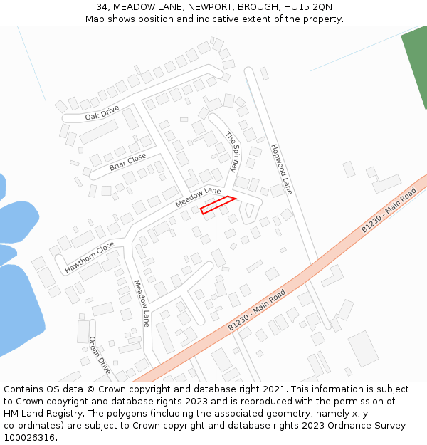 34, MEADOW LANE, NEWPORT, BROUGH, HU15 2QN: Location map and indicative extent of plot