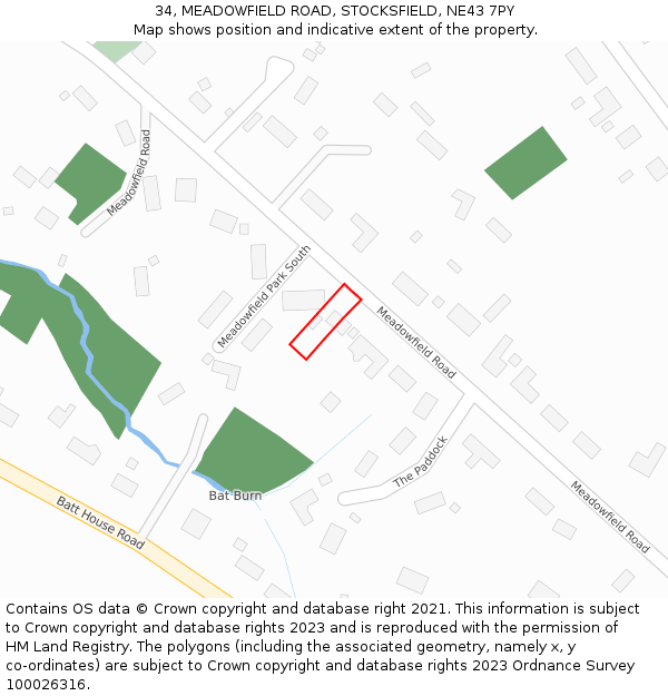 34, MEADOWFIELD ROAD, STOCKSFIELD, NE43 7PY: Location map and indicative extent of plot