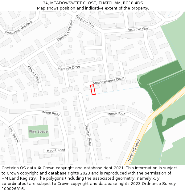 34, MEADOWSWEET CLOSE, THATCHAM, RG18 4DS: Location map and indicative extent of plot