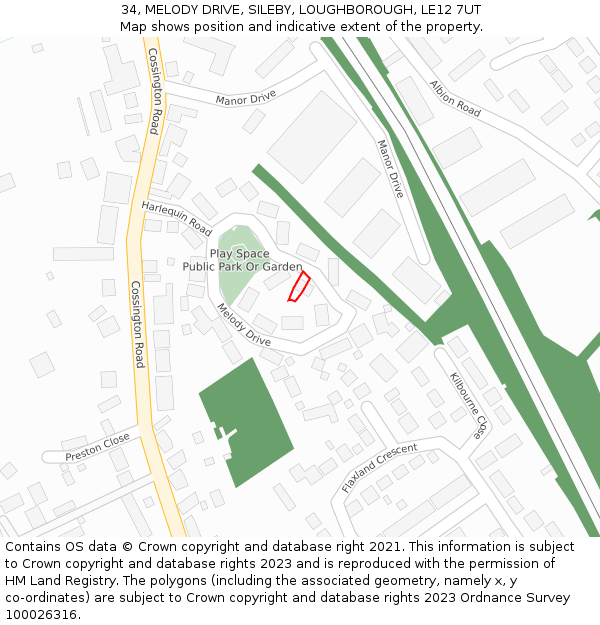 34, MELODY DRIVE, SILEBY, LOUGHBOROUGH, LE12 7UT: Location map and indicative extent of plot