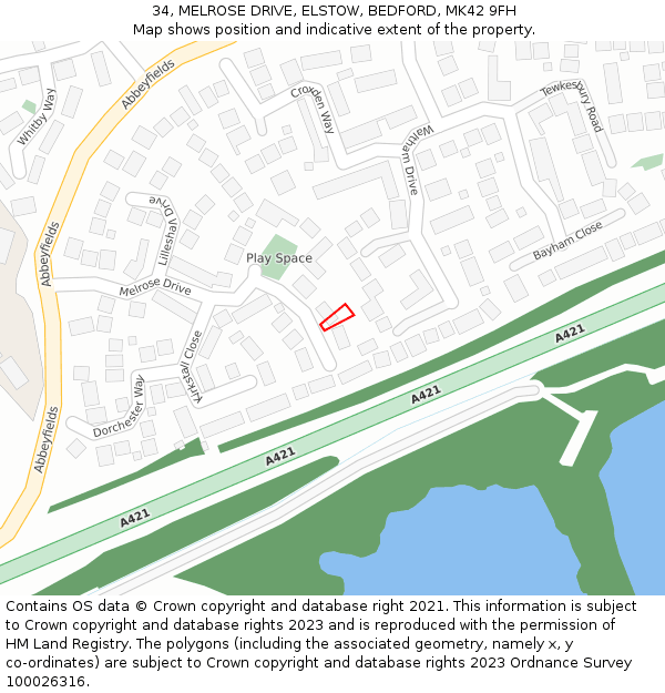 34, MELROSE DRIVE, ELSTOW, BEDFORD, MK42 9FH: Location map and indicative extent of plot