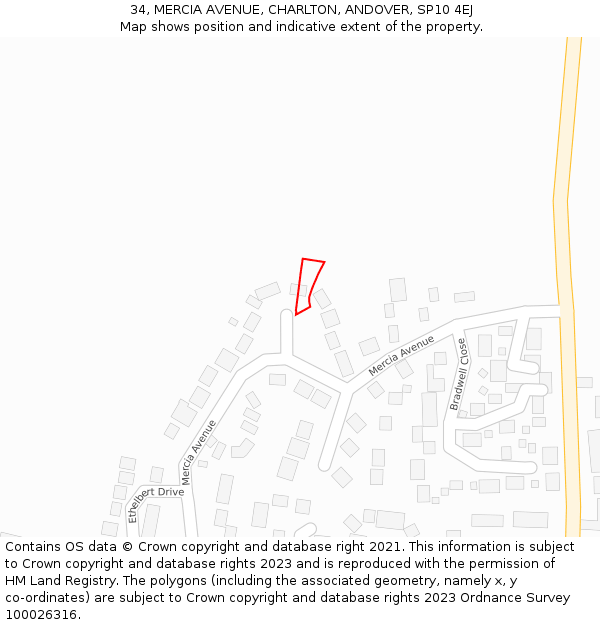 34, MERCIA AVENUE, CHARLTON, ANDOVER, SP10 4EJ: Location map and indicative extent of plot