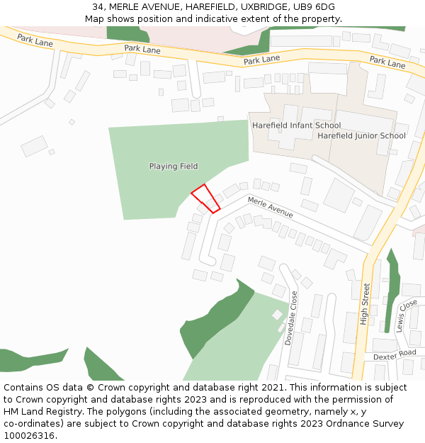 34, MERLE AVENUE, HAREFIELD, UXBRIDGE, UB9 6DG: Location map and indicative extent of plot