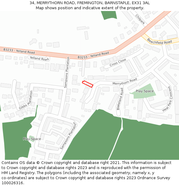 34, MERRYTHORN ROAD, FREMINGTON, BARNSTAPLE, EX31 3AL: Location map and indicative extent of plot