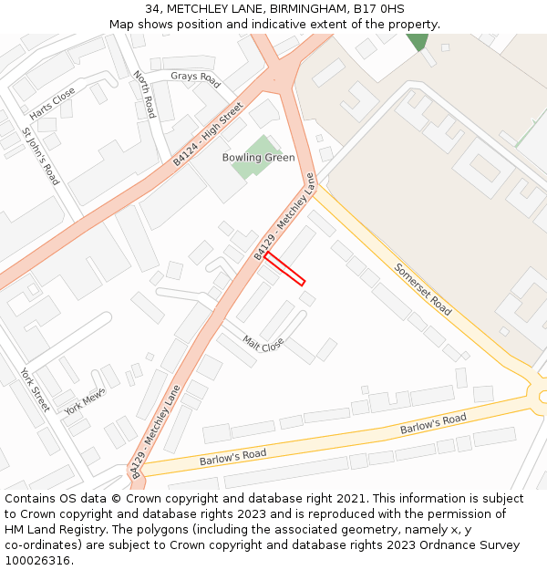 34, METCHLEY LANE, BIRMINGHAM, B17 0HS: Location map and indicative extent of plot