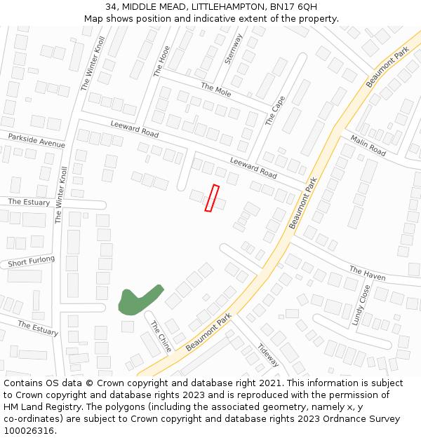 34, MIDDLE MEAD, LITTLEHAMPTON, BN17 6QH: Location map and indicative extent of plot