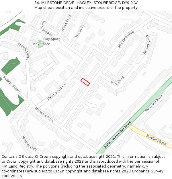 34, MILESTONE DRIVE, HAGLEY, STOURBRIDGE, DY9 0LW: Location map and indicative extent of plot