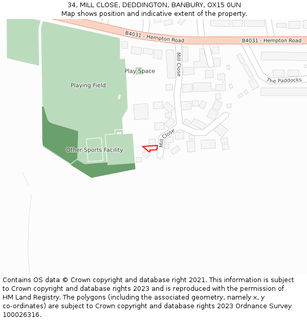 34, MILL CLOSE, DEDDINGTON, BANBURY, OX15 0UN: Location map and indicative extent of plot