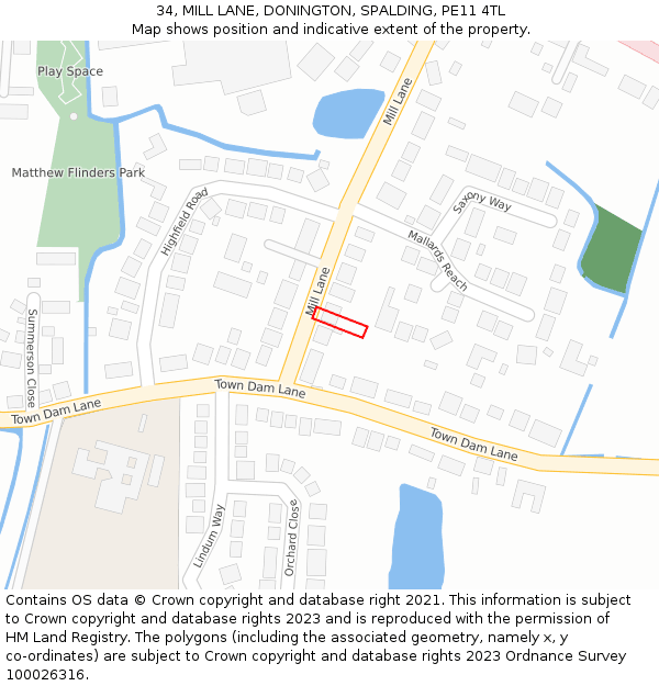 34, MILL LANE, DONINGTON, SPALDING, PE11 4TL: Location map and indicative extent of plot