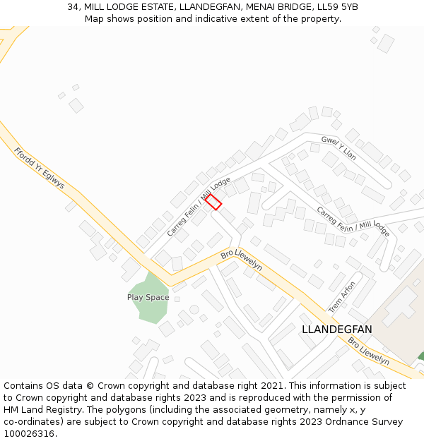 34, MILL LODGE ESTATE, LLANDEGFAN, MENAI BRIDGE, LL59 5YB: Location map and indicative extent of plot