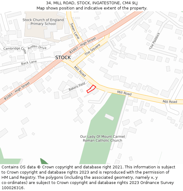 34, MILL ROAD, STOCK, INGATESTONE, CM4 9LJ: Location map and indicative extent of plot