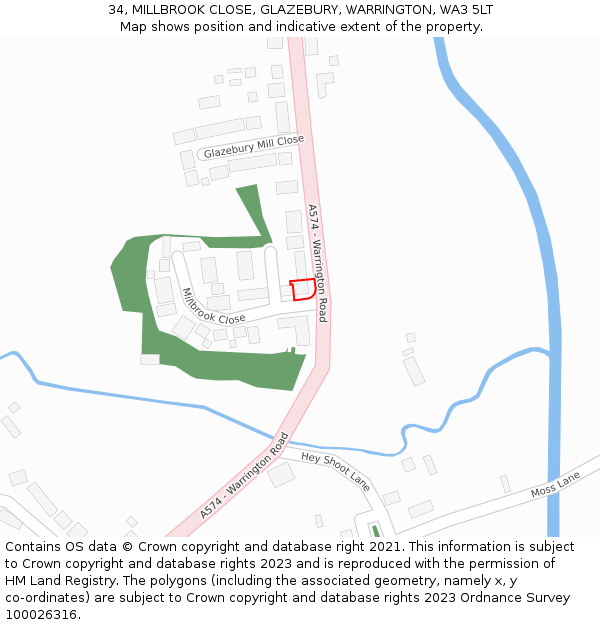 34, MILLBROOK CLOSE, GLAZEBURY, WARRINGTON, WA3 5LT: Location map and indicative extent of plot