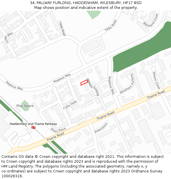 34, MILLWAY FURLONG, HADDENHAM, AYLESBURY, HP17 8SD: Location map and indicative extent of plot