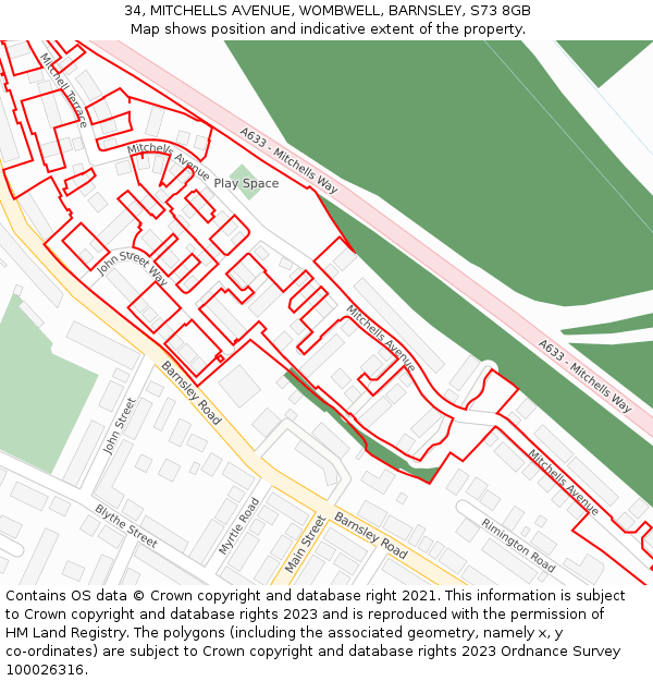 34, MITCHELLS AVENUE, WOMBWELL, BARNSLEY, S73 8GB: Location map and indicative extent of plot