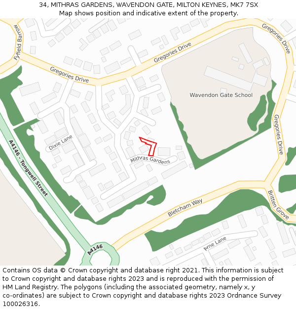 34, MITHRAS GARDENS, WAVENDON GATE, MILTON KEYNES, MK7 7SX: Location map and indicative extent of plot