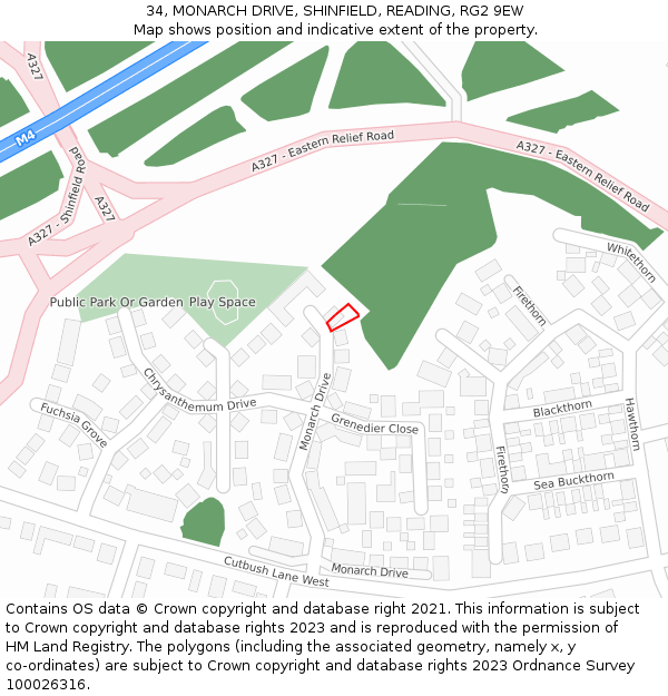 34, MONARCH DRIVE, SHINFIELD, READING, RG2 9EW: Location map and indicative extent of plot