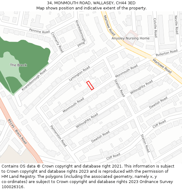 34, MONMOUTH ROAD, WALLASEY, CH44 3ED: Location map and indicative extent of plot