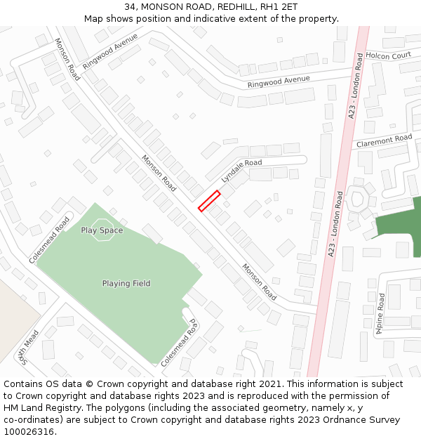 34, MONSON ROAD, REDHILL, RH1 2ET: Location map and indicative extent of plot