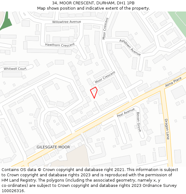 34, MOOR CRESCENT, DURHAM, DH1 1PB: Location map and indicative extent of plot