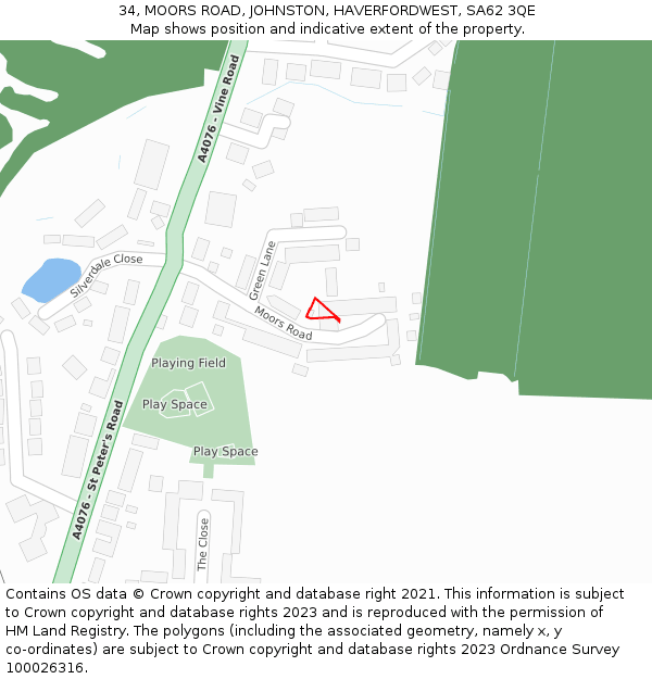 34, MOORS ROAD, JOHNSTON, HAVERFORDWEST, SA62 3QE: Location map and indicative extent of plot