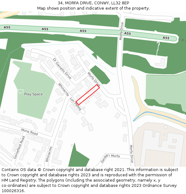 34, MORFA DRIVE, CONWY, LL32 8EP: Location map and indicative extent of plot