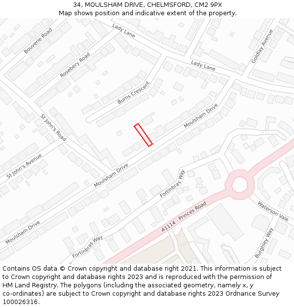 34, MOULSHAM DRIVE, CHELMSFORD, CM2 9PX: Location map and indicative extent of plot