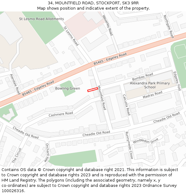 34, MOUNTFIELD ROAD, STOCKPORT, SK3 9RR: Location map and indicative extent of plot