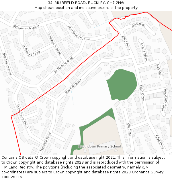 34, MUIRFIELD ROAD, BUCKLEY, CH7 2NW: Location map and indicative extent of plot